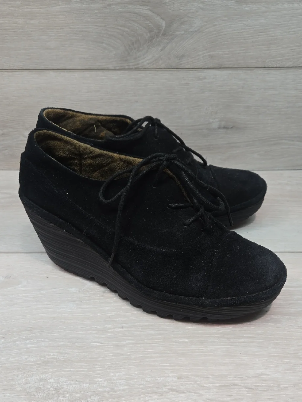 Fly London Women Black Suede Wedge Lace-Up Boots Shoes Sz 38/7.5